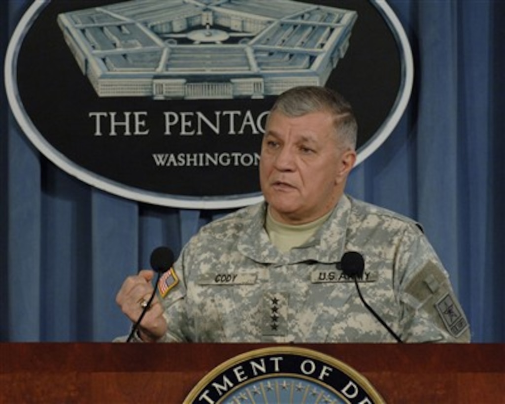 Vice Chief of Staff of the Army Gen. Richard A. Cody responds to a reporter's question during a Pentagon press briefing on outpatient care facilities and administrative processes at the Walter Reed Army Medical Center and the National Naval Medical Center on Feb. 21, 2007.  Cody and Assistant Secretary of Defense for Health Affairs William Winkenwerder announced improvements to be made for the wounded soldiers treated there.  