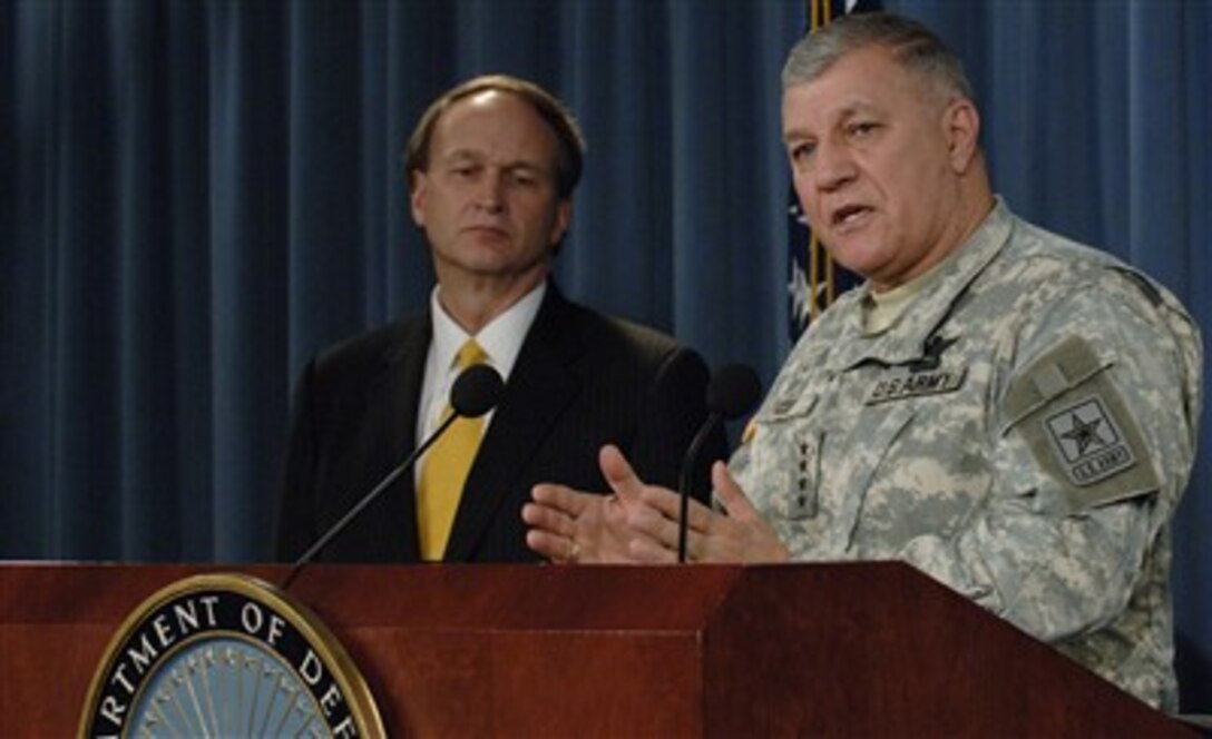 Vice Chief of Staff of the Army Gen. Richard A. Cody (right) responds to a reporter's question during a Pentagon press briefing, Feb. 21, 2007, on outpatient care facilities and administrative processes at the Walter Reed Army Medical Center and the National Naval Medical Center.  Assistant Secretary of Defense for Health Affairs Dr. William Winkenwerder (left) announced improvments to be made for the wounded soldiers treated there.  