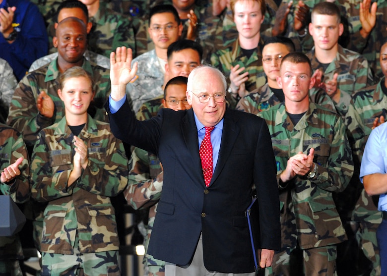 Vice President Dick Cheney waves as he is introduced at a troop rally at Andersen Air Force Base, Guam, on Feb. 22. (U.S. Air Force photo/Airman 1st Class Daniel Owen)