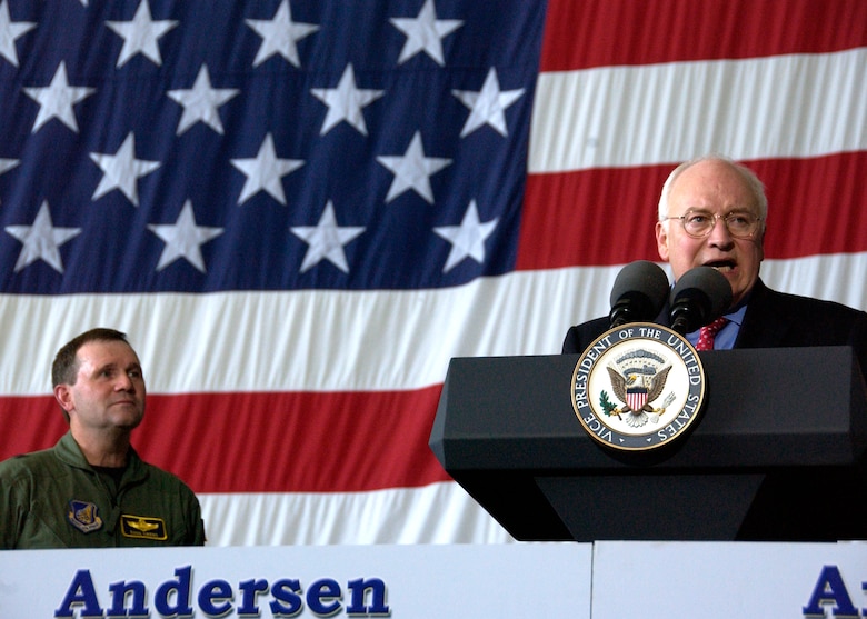 Vice President Dick Cheney addresses servicemembers and their families at Andersen Air Force Base, Guam Feb. 22. (U.S. Air Force photo/Senior Airman Miranda Moorer)                                               