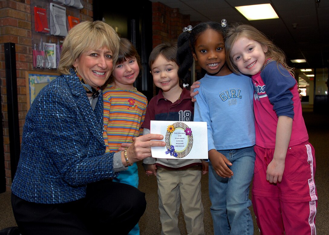 Paula Gould, wife of 2nd Air Force commander Maj. Gen. Michael Gould, visited some of the young enrollees at Sheppard's Child Development Center Feb. 16.  Mrs. Gould accompanied her husband to Sheppard as he prepared to serve as guest speaker at the 82nd Training Wing annual awards banquet that evening.  (U.S. Air Force Photo/Mike Litteken)