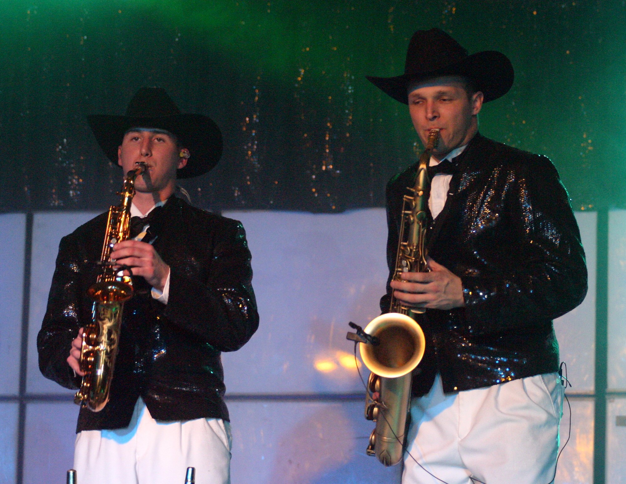 LAUGHLIN AIR FORCE BASE, TEXAS -- Tops in Blue saxophonists Senior Airmen Adam Will and Nolan Wright play during a free show at the Del Rio Civic Center Feb. 20.  (U.S. Air Force photo by Airman Sara Csurilla)