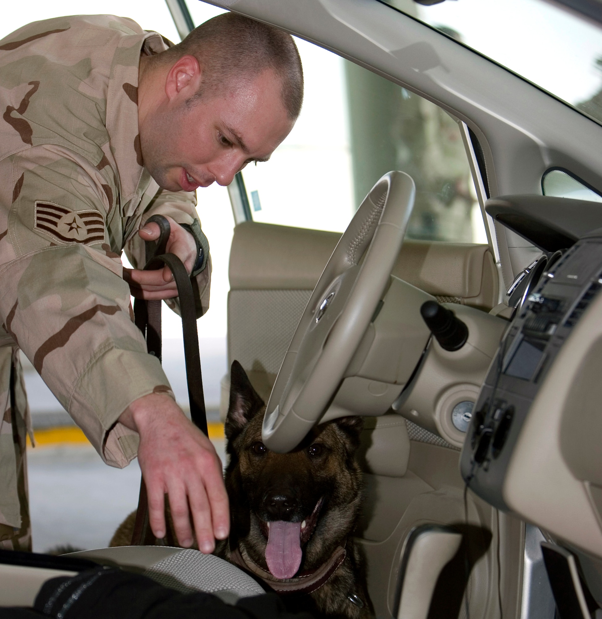 Staff Sgt. Spencer Duclos conducts a vehicle search with his dog, Boo, at the vehicle search pit Feb. 13 in Southwest Asia. Sergeant Duclos is a military working dog handler assigned to the 379th Expeditionary Security Forces Squadron. (U.S. Air Force photo/Tech. Sgt. Frank Hatcher) 

