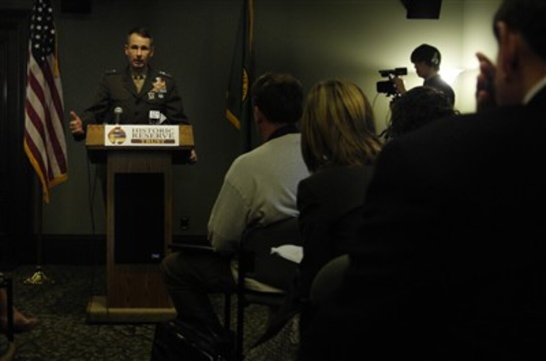 Chairman of the Joint Chiefs of Staff U.S. Marine Gen. Peter Pace conducts a press conference with local, national and high school media while visiting Vancouver, Wash., Feb. 21, 2007. 