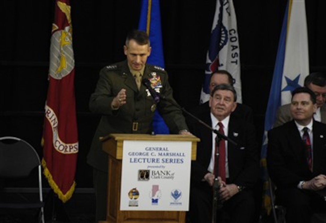 Chairman of the Joint Chiefs of Staff U.S. Marine Gen. Peter Pace gives remarks and addresses questions with students from Hudson Bay High School in Vancouver, Wash., Feb. 21, 2007.  The audience consists of approximately 5000 high school students, members of the public, officials and military personnel from the region. 
