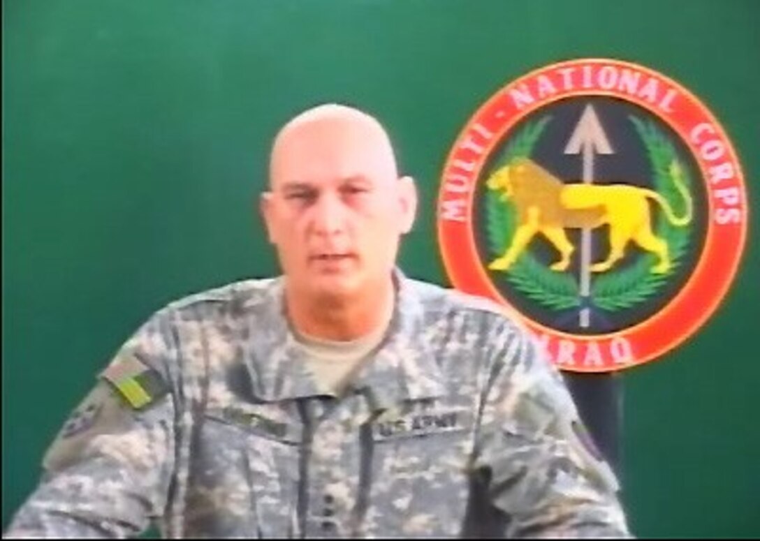 Multi-National Corps Iraq Commanding General Lt. Gen. Ray Odierno gives an operational update for the Pentagon press corps via satellite from Iraq, Feb. 22, 2007.