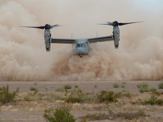 A Marine Corps MV-22 demonstrates extreme brownout conditions during recent testing at the Army Yuma Proving Ground, Ariz.  Defense officials hope to develop innovative technical solutions to reduce the risk of landing in the brownout conditions prevalent in Afghanistan and Iraq.  (Photo by Walt Harrington)