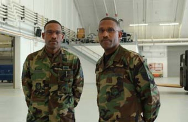 Master Sgts. Gary and Greg  Snowden, twin brothers who have both served in the 459th Air Refueling Wing during their entire Air Force career. (U.S. Air Force photo/Master Sgt. Shayne Sewell). 