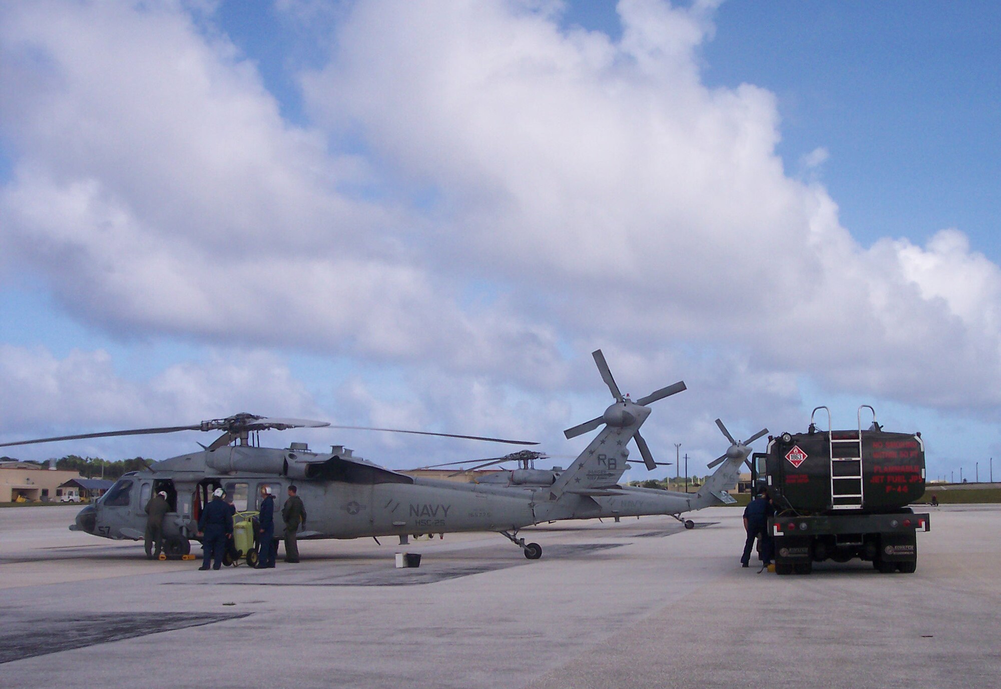 Reservists from the 916th Air Refueling Wing, Logistics Readiness Squadron, supply life-saving fuel to Navy rescue helicopters while on a deployment to Guam. The efforts of these fuel technicians directly supported 19 lives being saved at sea.