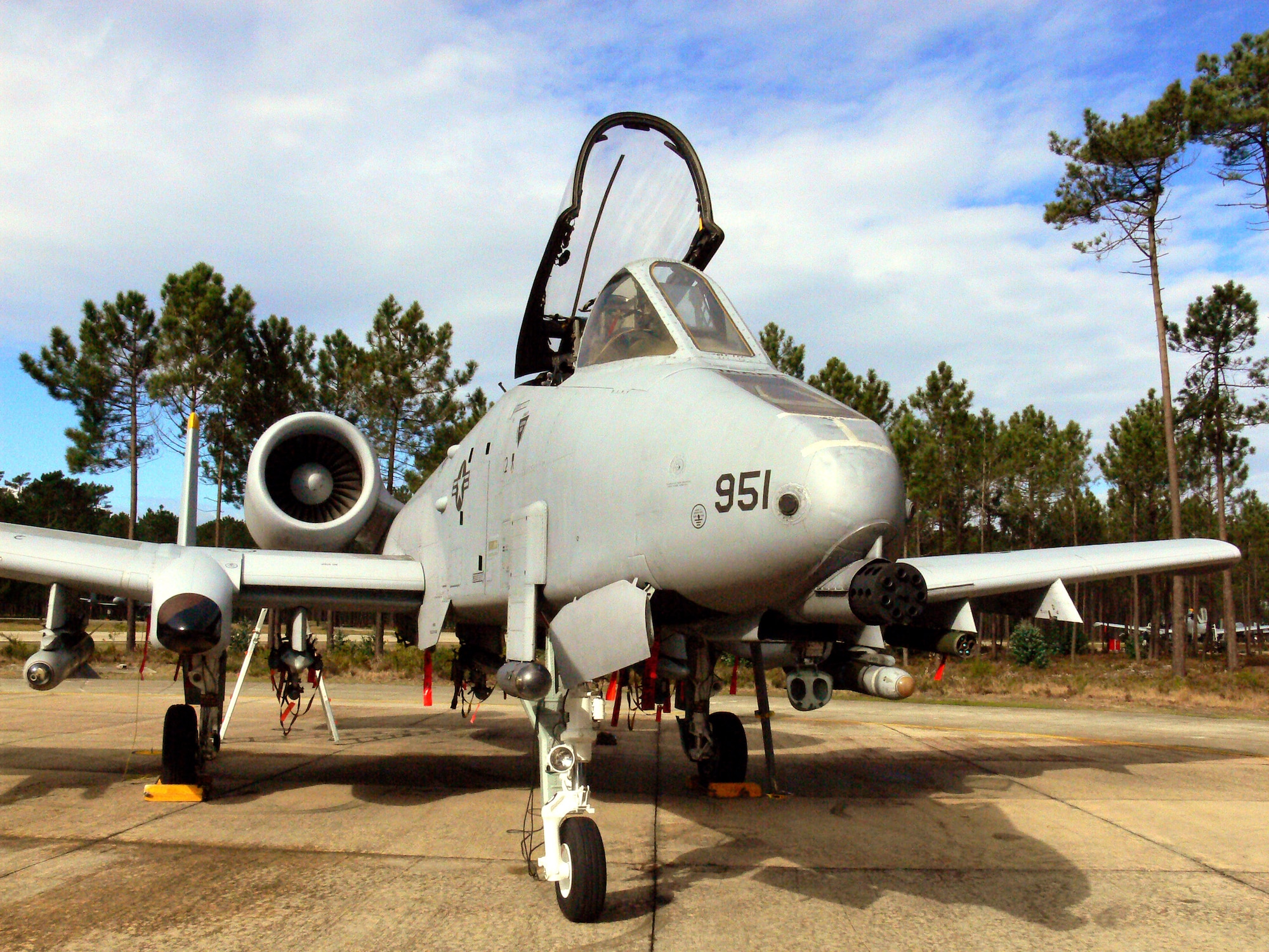 An A-10 Thunderbolt II assigned to the 81st Fighter Squadron at Spangdahlem Air Base, Germany, awaits its pilot during training Feb. 23 at Montreal Air Base in Portugal. Although the 81st FS Airmen returned in September from a four month deployment to Afghanistan, they continue their training, honing their skills.  (U.S. Air Force photo/Master Sgt. Ron Prysucha) 