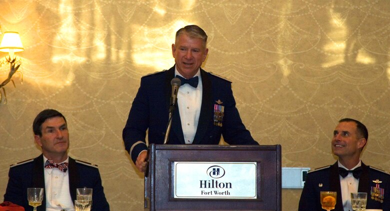 Maj. Gen. James Sluder, III, mobilization assistant to the commander, Headquarters Air Education and Training Command, gave an inspiring speech focusing on four points a father once said to his son preparing to deploy to Southeast Asia: "Keep positive; stay focused; kick butt; and come home." (U.S. Air Force Photo/Staff Sgt. Jason Costantino)