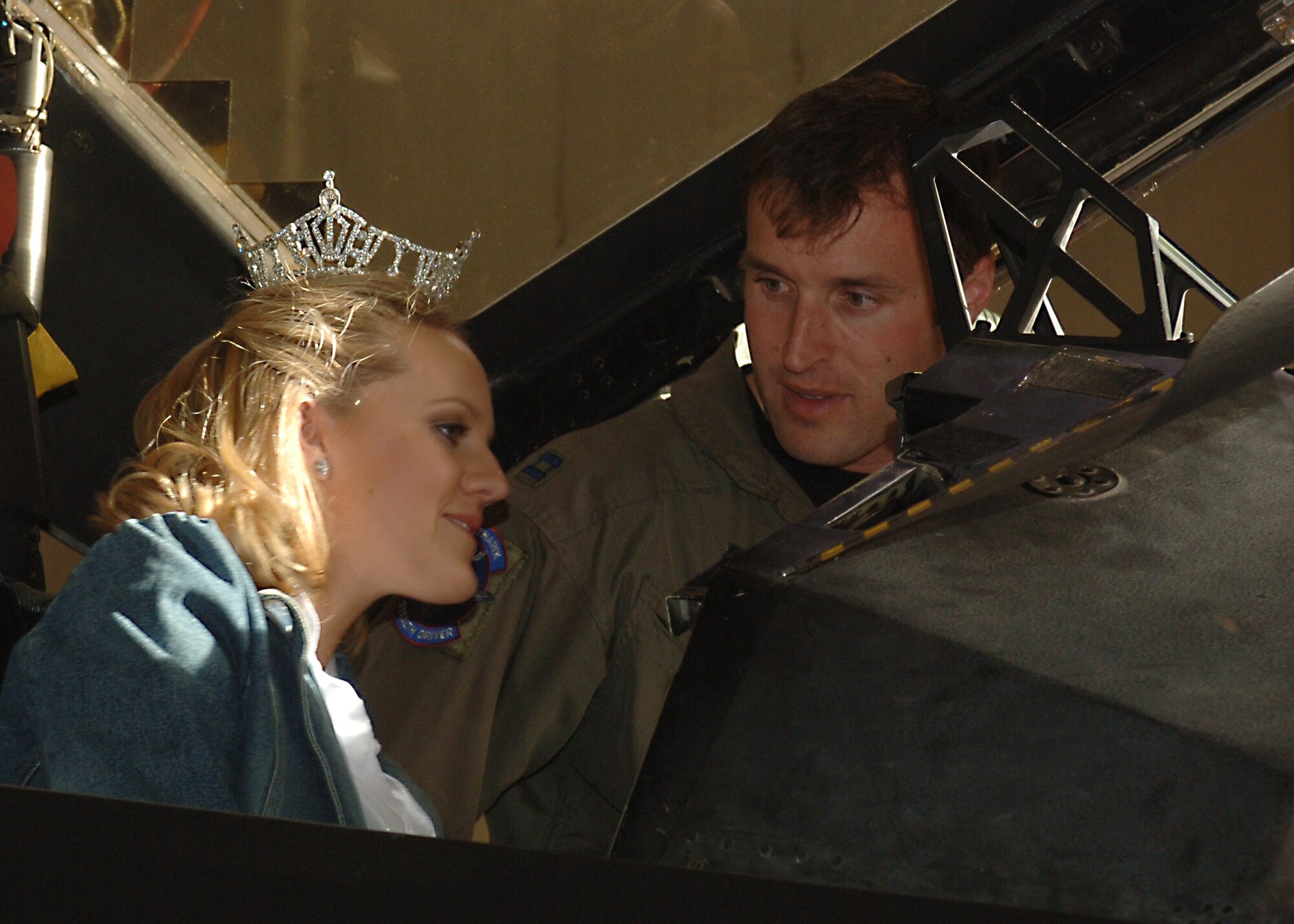 Miss New Mexico, Christina Hall, congratulated a recent retiree and got a close look at an F-117A Nighthawk Feb. 23 during a quick visit to Holloman. (U.S. Air Force photo by Airman 1st Class John Strong)