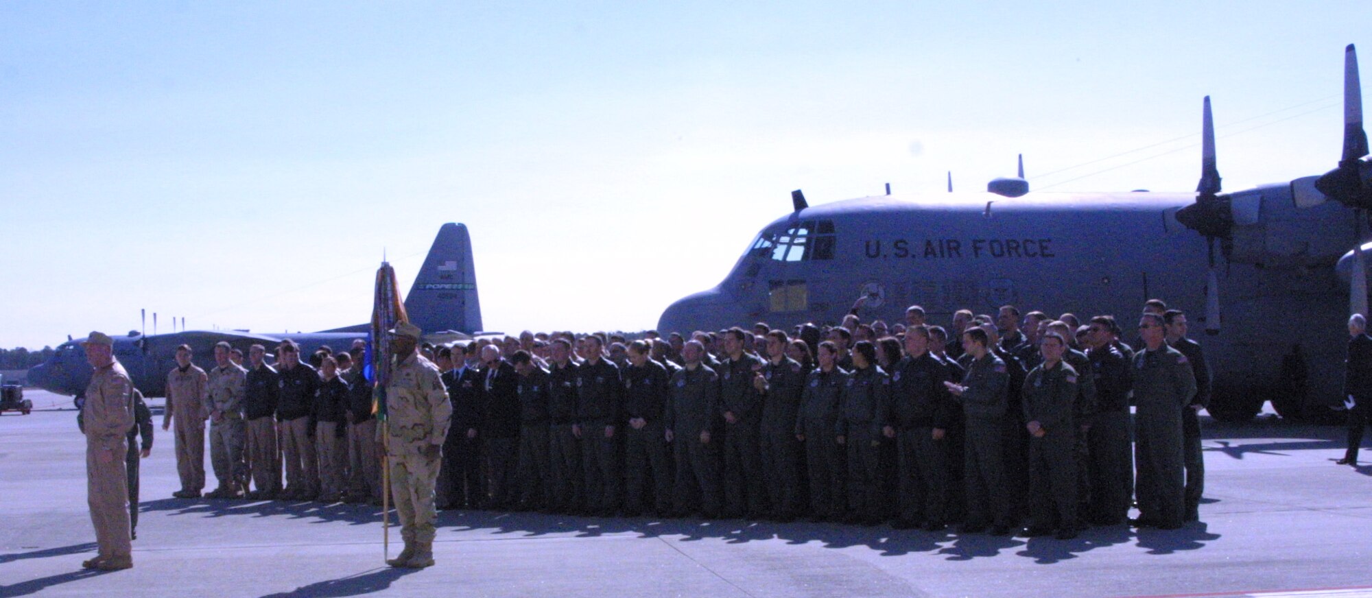 The 41st Airlift Squadron realigned under the 463rd Airlift Group at Little Rock AFB, Ark., in a ceremony Feb. 16, at Pope AFB, N.C. (U.S. Air Force Photo/Nicole Campbell)