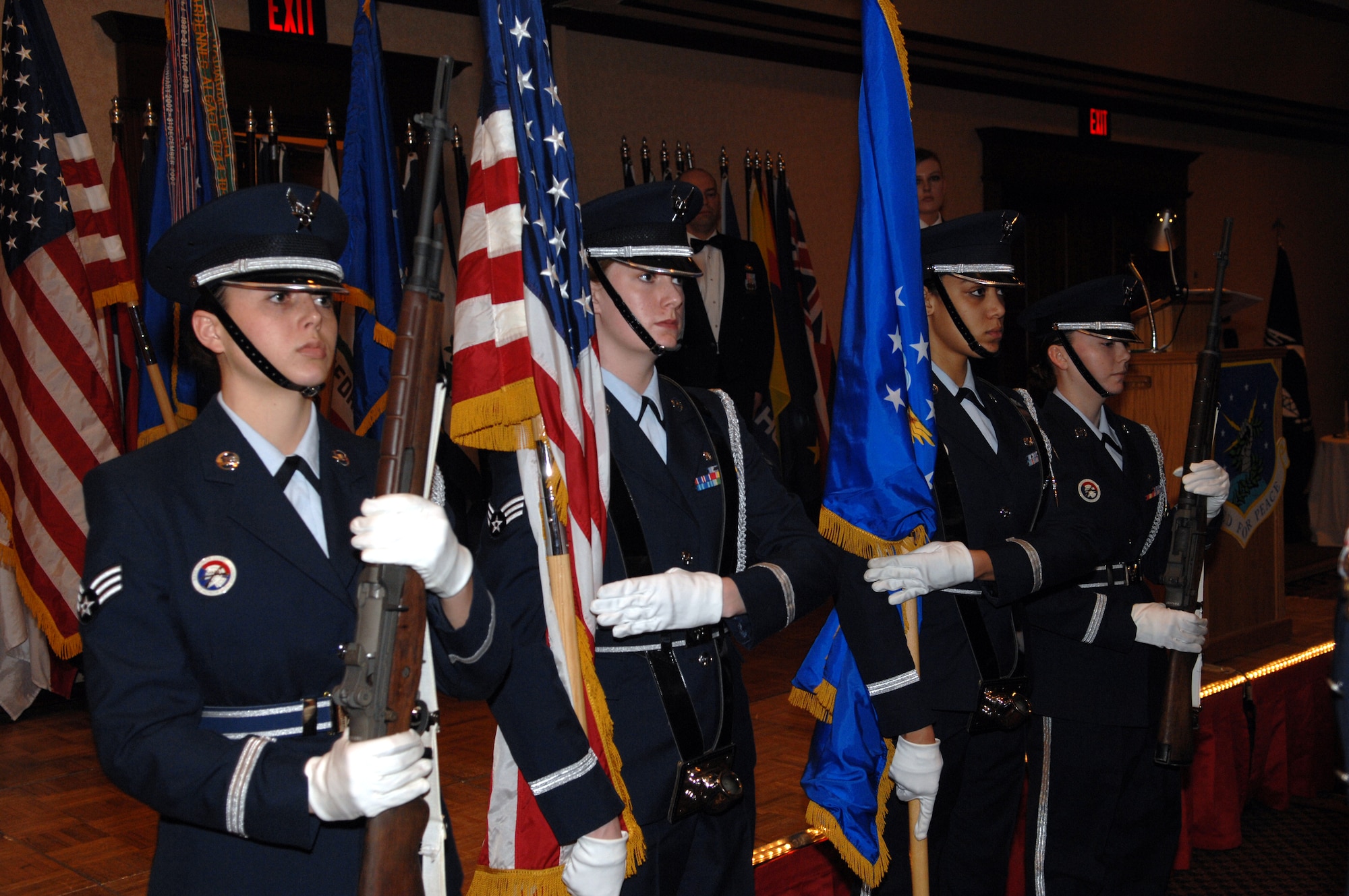 MINOT, N.D. -- Members of the Minot Air Force Base Honor Guard prepare to post the colors during the 91st Space Wing Annual Awards Banquet at the Holiday Inn Feb. 23. The honor guard typically supports this type of event. (U.S. Air Force photo by Airman 1st Class Cassandra Butler)  