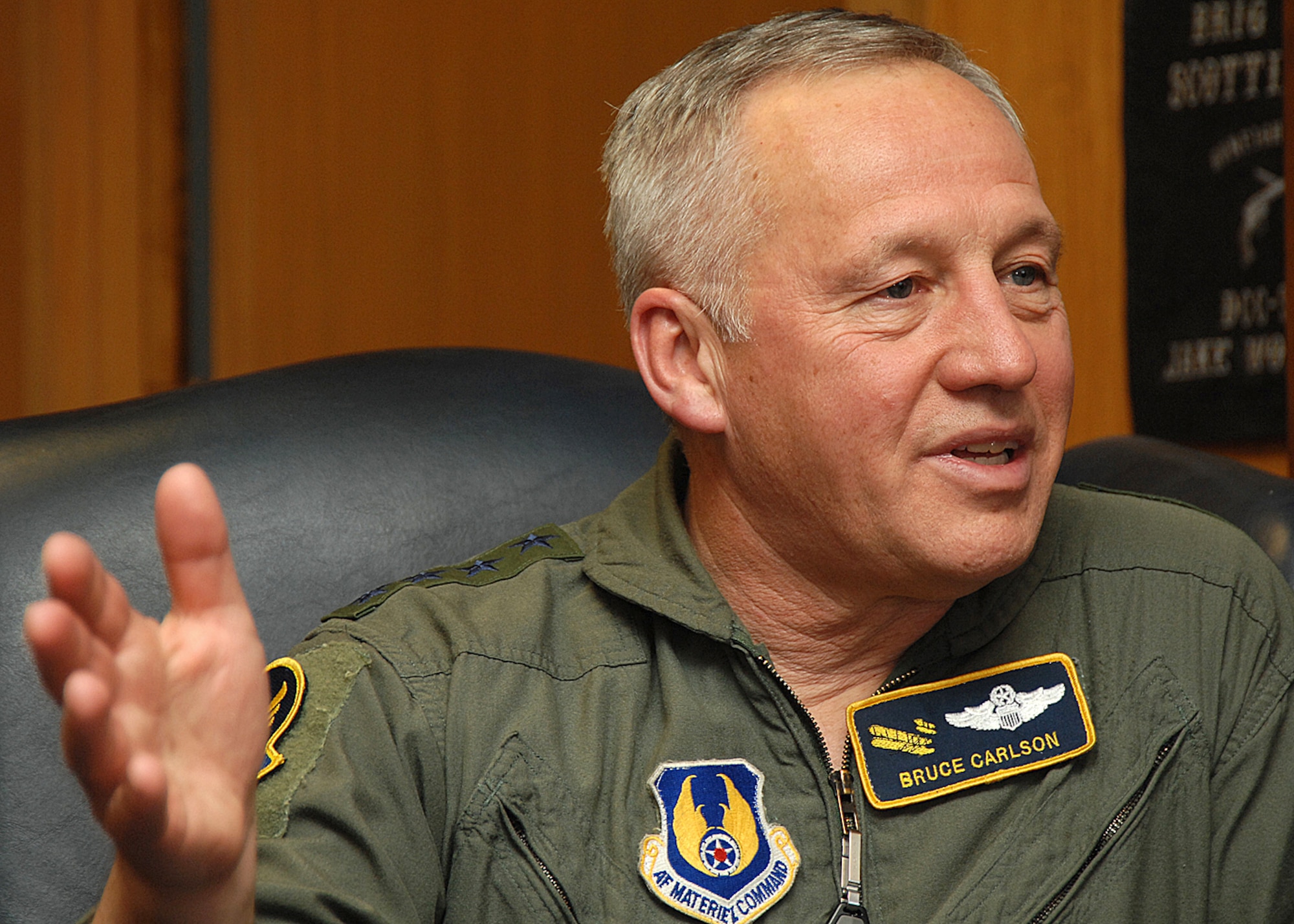 Gen. Bruce Carlson, Air Force Materiel Command commander makes a point discusses the command's contributions in Southwest Asia.  (U.S. Air Force photo by Todd Berenger)