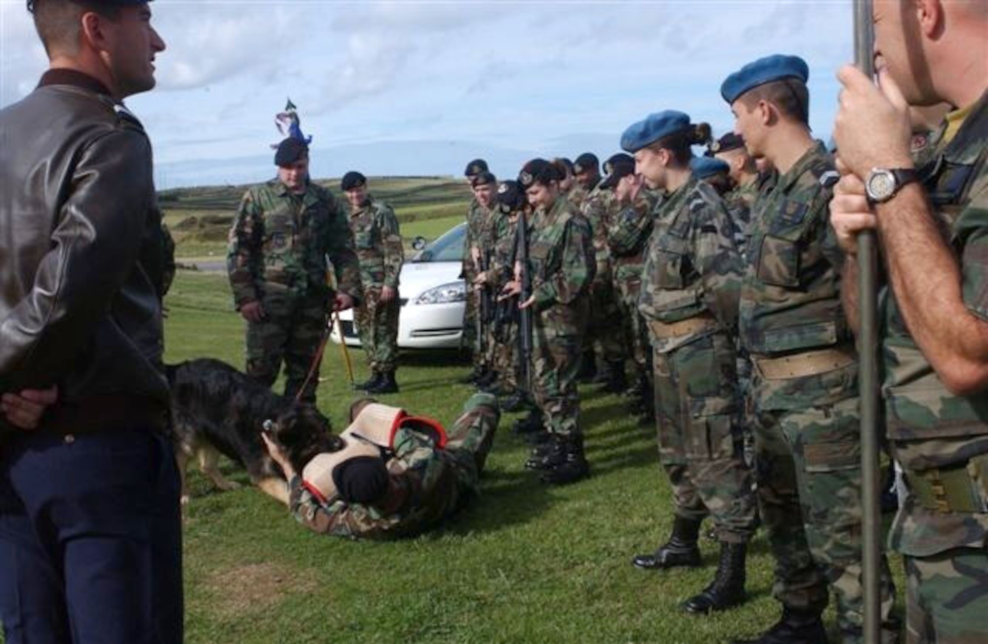 Staff Sergeant Jeremy Nordlund (center), and military working dog Rex do a demonstration for American and Portuguese servicemembers Feb. 22 at Lajes Field, Azores. Sergeant Nordlund and Rex conduct training like this weekly to hone their security force's skills. They are assigned to the 65th Security Forces Squadron. (U.S. Air Force photo)