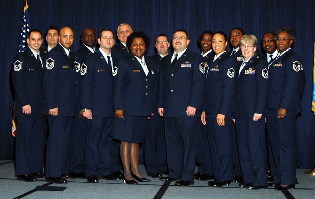 Fifteen 512th Airlift Wing members were welcomed into the ranks of the senior NCO corps Feb. 3. More that 120 people attended the Senior Noncommissioned officer Induction Ceremony at The Landings at 6 p.m. The Top 3 also set up a Professional Development Seminar that afternoon for the master sergeants. The course was three hours and wing members were briefed on wing history, leadership, discipline processes, ethics, mentoring and counseling. (U.S. Air Force photo by Senior Airman William Vickers) 