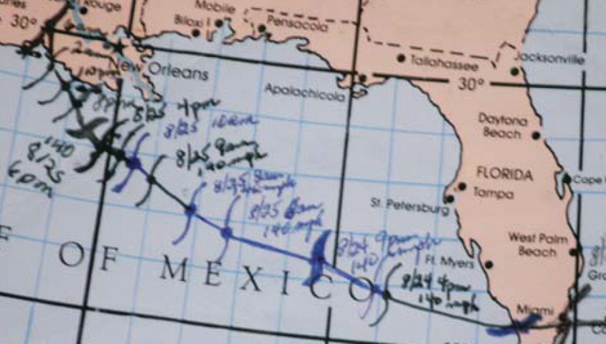 With the help of his father, Lieutenant Gautrau used this map to track his first hurricane, Hurricane Andrew, in 1992.