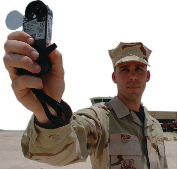 Senior Airman Daniel Perry, 379th Expeditionary Operations Support Squadron Weather Flight forecaster, takes a wind speed reading with a Kestrel 4000. Airman Perry, stationed at Robins AFB, Ga., is one of six combat weather forecasters deployed to the flight. 
