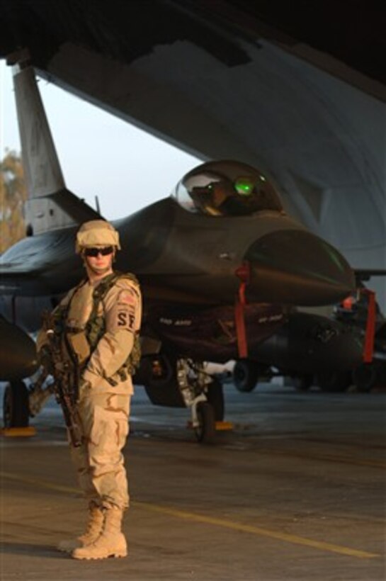 U.S. Air Force Airman 1st Class Sean Stanton performs a random walking patrol near an F-16 Fighting Falcon aircraft inside a hazardous aircraft shelter at Balad Air Base, Iraq, on Feb. 16, 2007.  Stanton, attached to the 332nd Expeditionary Security Forces Squadron, is patrolling the airfield to gain a closer perspective of equipment and personnel.  