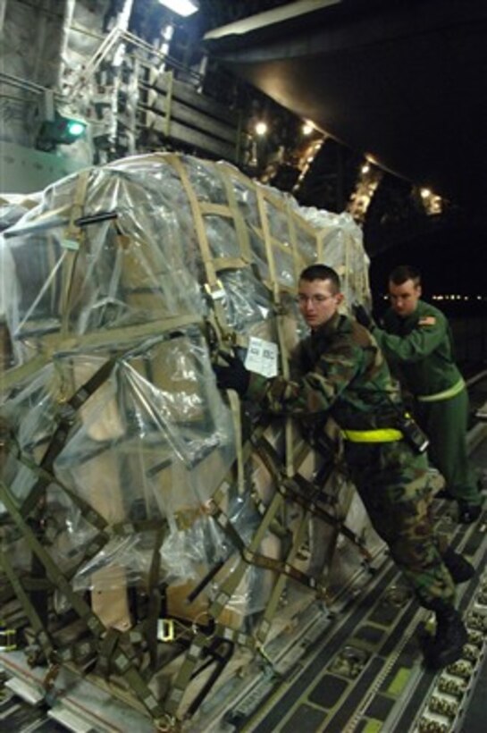 Airman 1st Class Thomas Hickey (left) and Senior Airman Ryan Yarton push a pallet of cargo into a U.S. Air Force C-17 Globemaster III aircraft at in Incirlik Air Base, Turkey, on Feb. 20, 2007.  Hickey and Yarton, attached to the 728th Air Mobility Squadron, are helping to move some 94,000 pounds of cargo in joint effort with Turkish civilians to support the Afghan Army.  