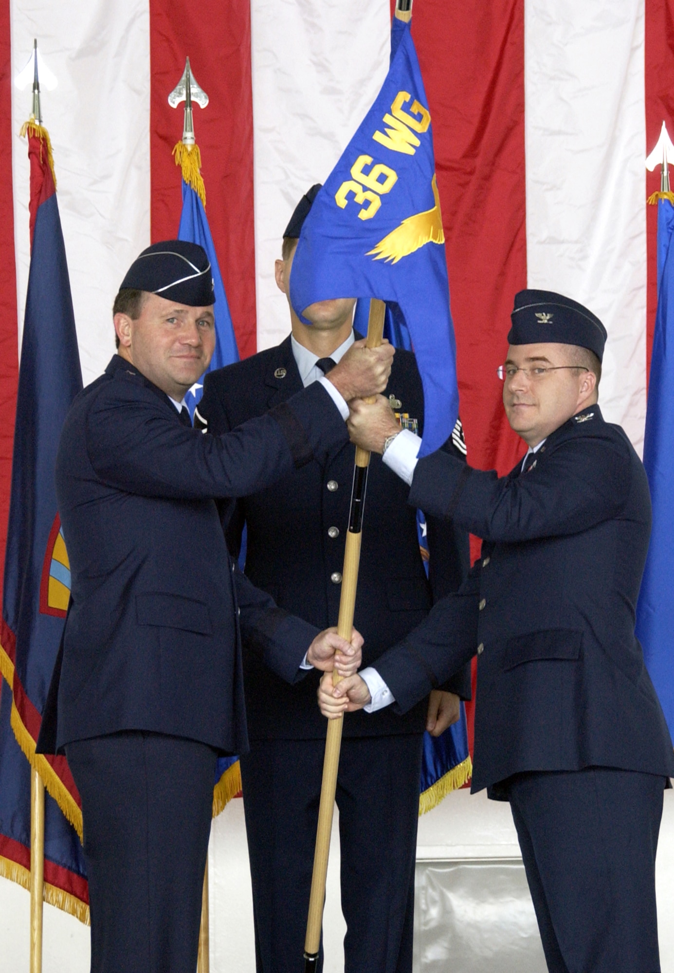 Col. Damian J. McCarthy assumed command of the 36th Operations Group in a ceremony Monday in a ceremony presided over by Brig. Gen. Douglas Owens, 36th Wing commander. (Photo by Airman 1st Class Daniel Owen/36th CS)