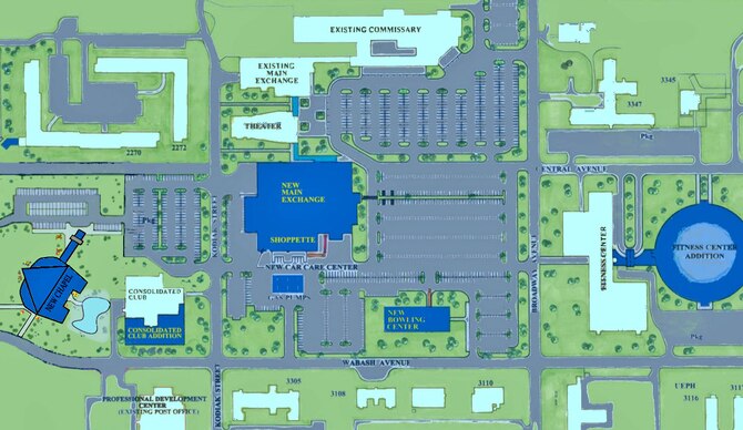 EIELSON AIR FORCE BASE, Alaska -- The construction plans for Eielson's new Main Exchange, chapel, club, gas station, bowling center and fitness center.