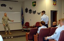 MINOT AIR FORCE BASE, N.D. – Chief Master Sgt. Todd Kabalan, 8th Air Force command chief, answers questions from Airmen at the Airman Leadership School here Feb. 26. ALS is a six-week-long course designed to develop Airmen's leadership and supervisory capabilities. During his time at ALS, Chief Kabalan talked to the students about deploying, professional military education and the Air Force’s expectations from them as they become NCOs. (U.S. Air Force photo by Airman 1st Class Cassandra Butler) 
