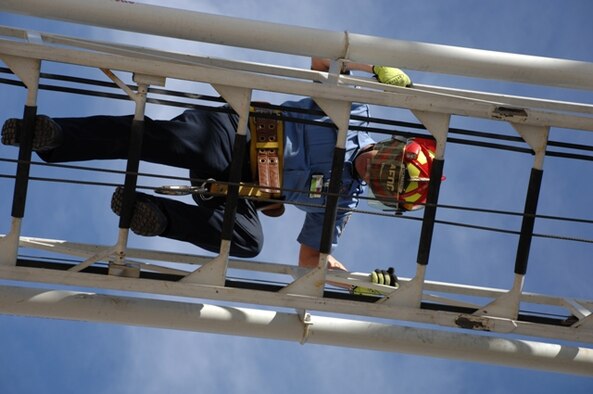 AEDC Firefighter/Crew Chief Charlie Armstrong gets a bird’s eye view of Arnold Air Force Base during a day of training with members of Tullahoma’s Fire Department.