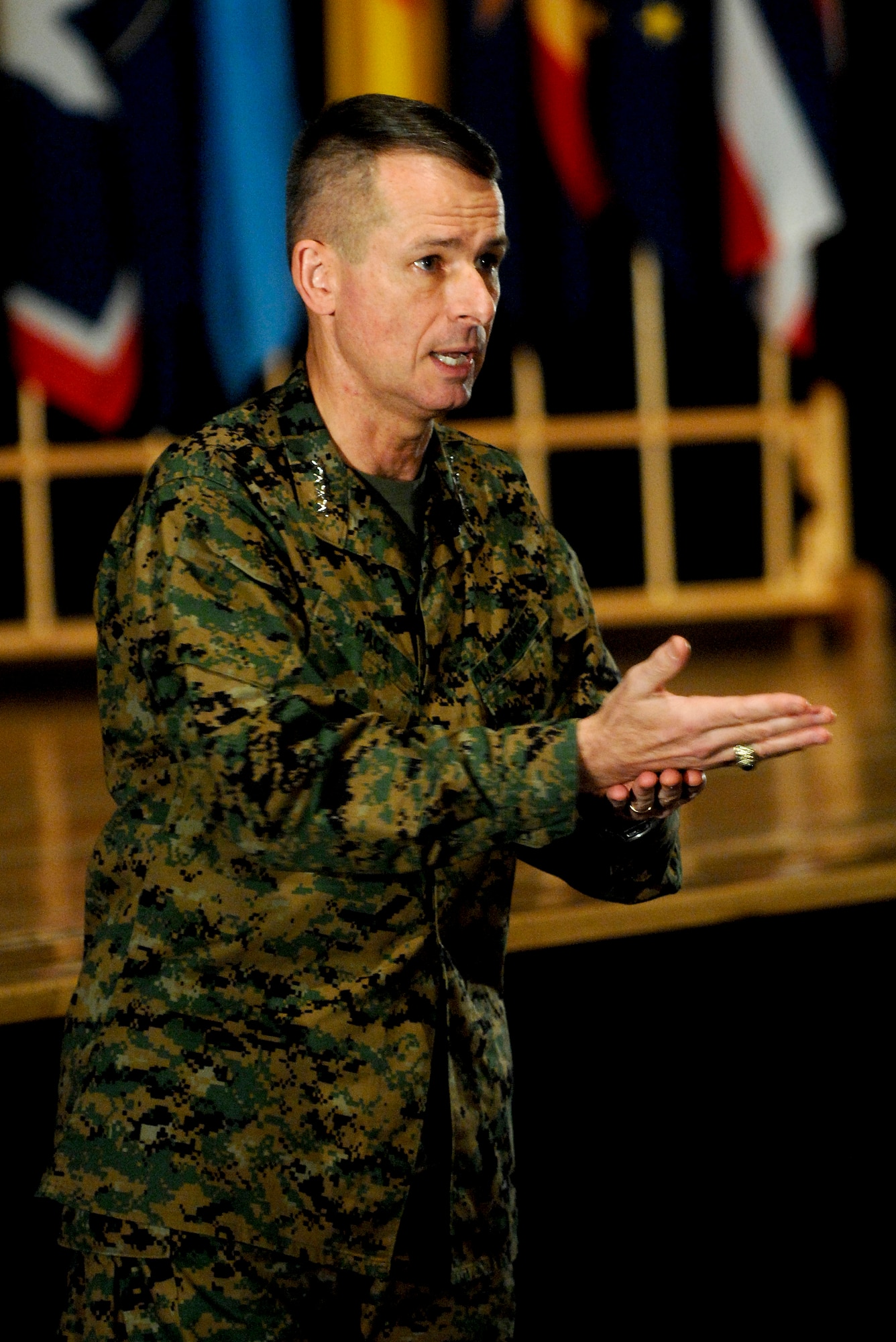 Marine Corps Gen. Peter Pace, chairman of the Joint Chiefs of Staff, speaks to the Airmen, Marines, Soldiers, Seamen and Coast Guardsmen at a town hall meeting here Feb. 23, 2007. (U.S. Air Force photo by Airman 1st Class Jonathan Steffen)