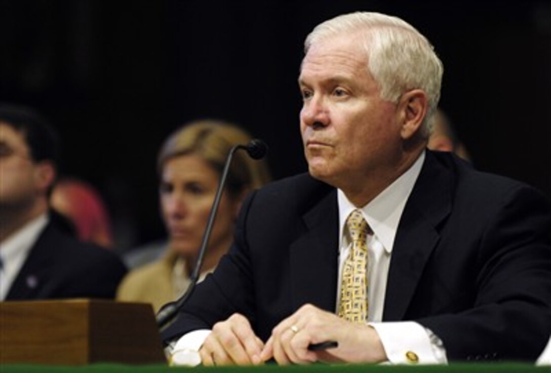 Secretary of Defense Robert M. Gates listens to a senator's question while testifying before the Senate Appropriations Committee in Washington, D.C., on Feb. 27, 2007.  Gates, Secretary of State Condoleezza Rice and Chairman of the Joint Chiefs of Staff Gen. Peter Pace, U.S. Marine Corps, testified about the additional funding requested for Iraq and Afghanistan.  