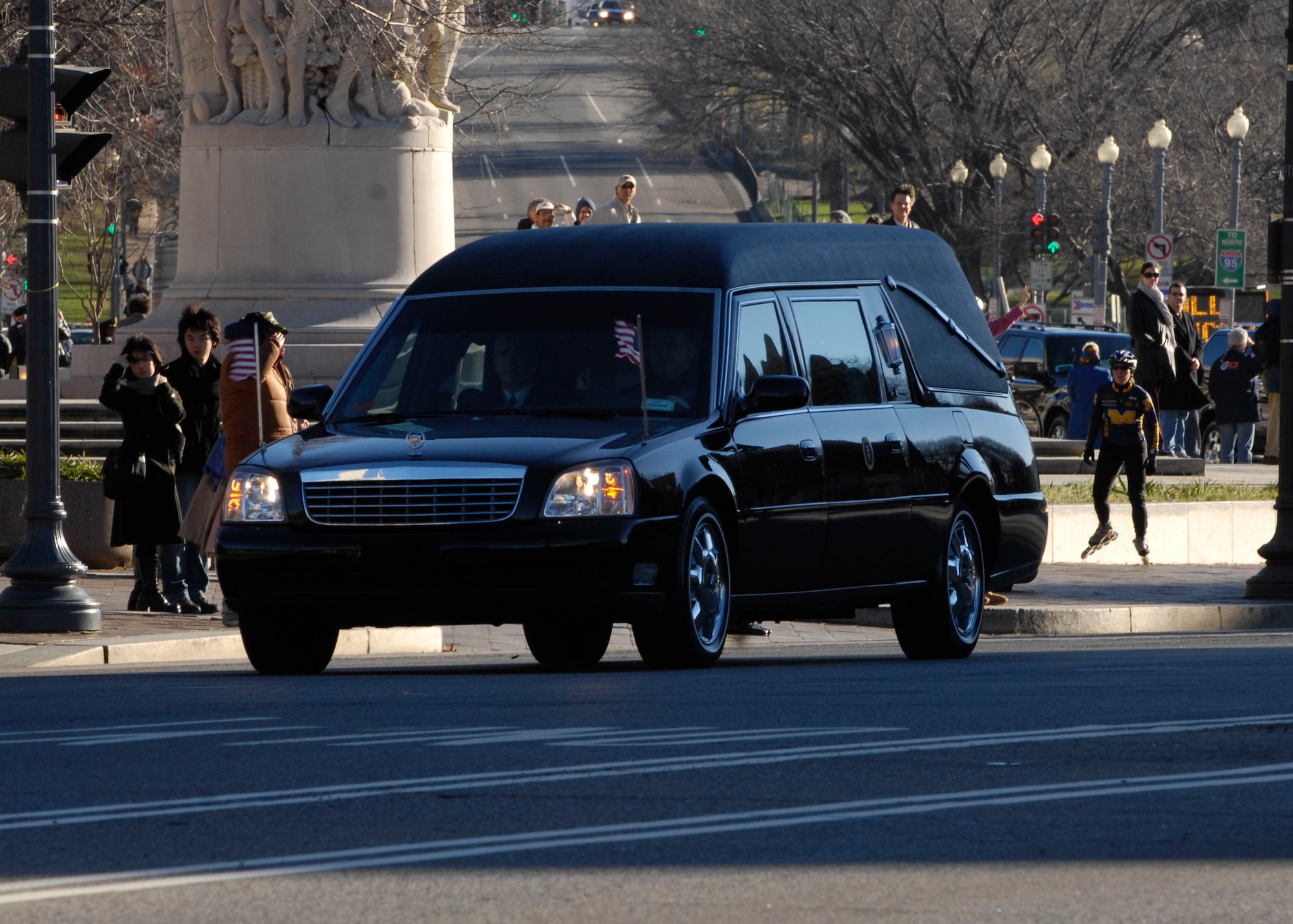 A funeral procession for former President Gerald R. Ford heads to the National Cathedral in Washington, D.C., following his departure from the U.S. Capitol on Jan. 2. The president's final resting place will be in his hometown of Grand Rapids, Mich., at a site just north of the Gerald R. Ford Museum. (U.S. Air Force photo/Airman 1st Class Marleah Miller)