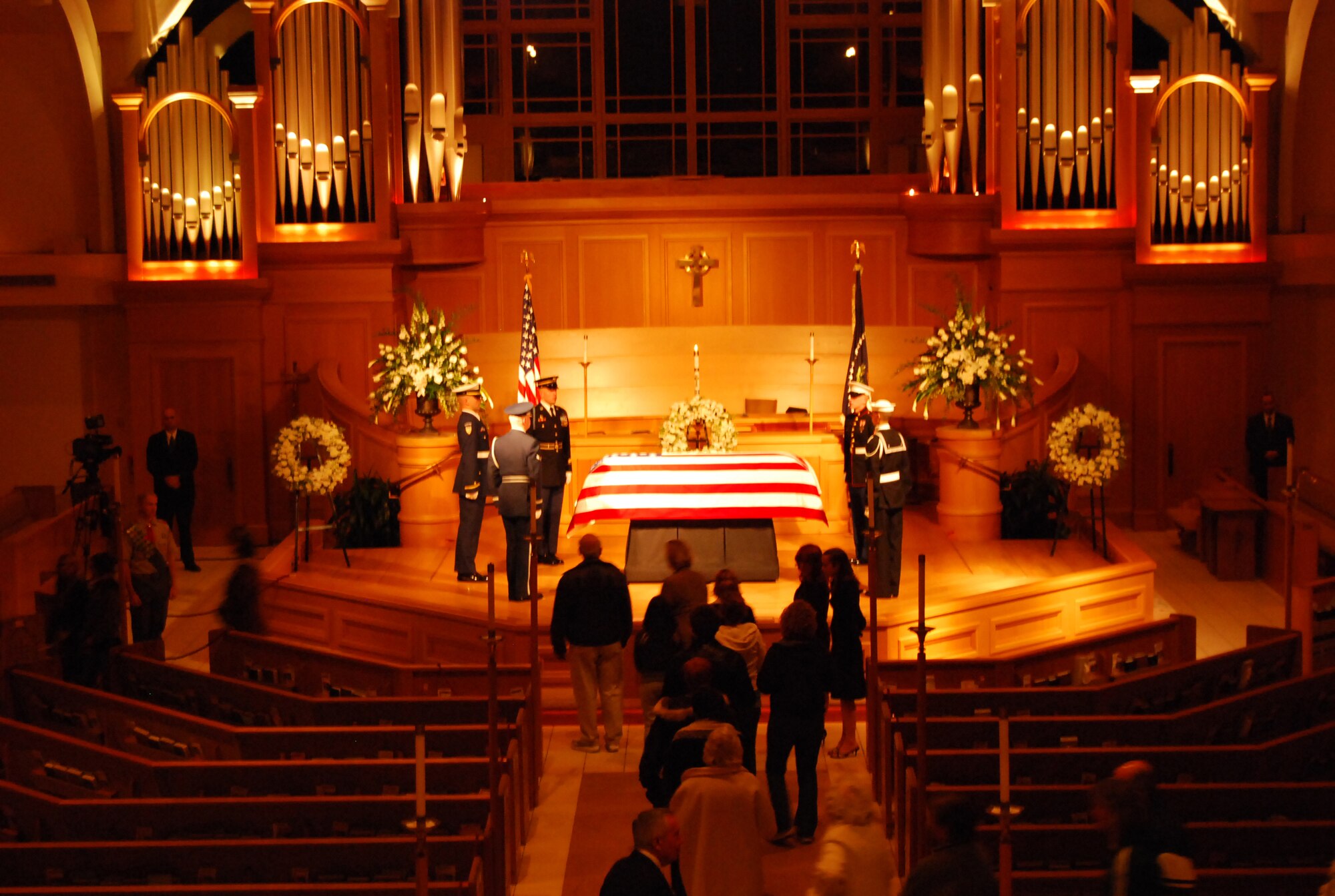 Former President Gerald R. Ford lies in repose at St. Margaret's Episcopal Church in Palm Desert, California, as the Guard of Honor stands watch. More than 500 military members are in Palm Desert supporting the California portion of the State Funeral for the former president. The military is providing ceremonial, logistics, and security support to honor and pay tribute to the former Commander-in-Chief and the Ford family. Ford died in Palm Desert, California, Dec. 26 at the age of 93. (U.S. Air Force Photo/1st Lt Carrie L. Kessler)