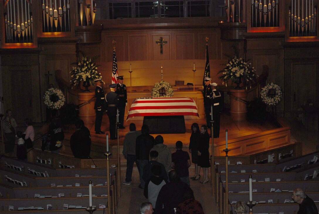 Former President Gerald R. Ford lies in repose at St. Margaret's Episcopal Church in Palm Desert, California, as the Guard of Honor stands watch.  More than 500 military members are in Palm Desert supporting the California portion of the State Funeral for the former president. The military is providing ceremonial, logistics, and security support to honor and pay tribute to the former Commander-in-Chief and the Ford family. Ford died in Palm Desert, California, Dec. 26 at the age of 93. (U.S. Air Force Photo/1st Lt Carrie L. Kessler)