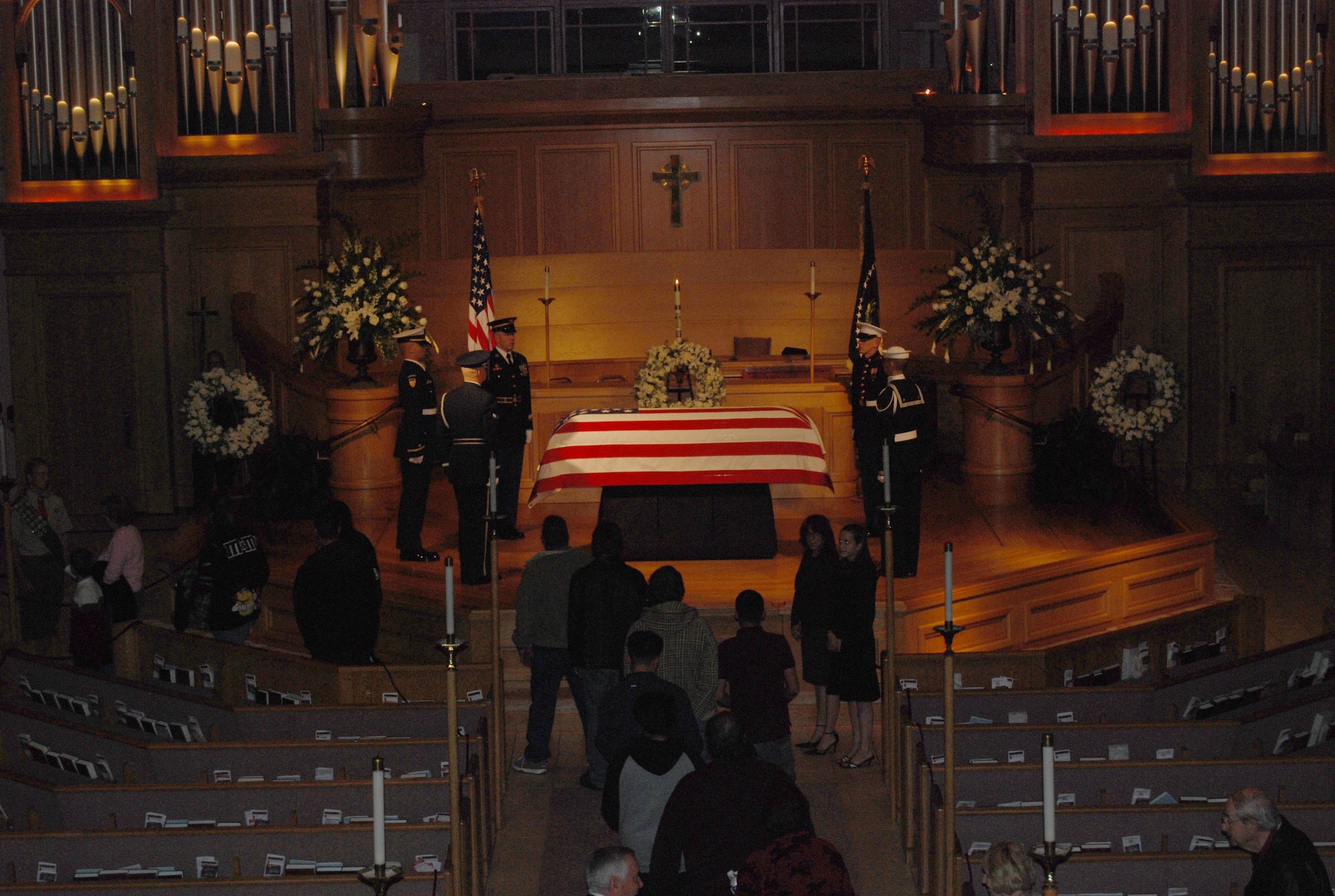 Former President Gerald R. Ford lies in repose at St. Margaret's Episcopal Church in Palm Desert, California, as the Guard of Honor stands watch.  More than 500 military members are in Palm Desert supporting the California portion of the State Funeral for the former president. The military is providing ceremonial, logistics, and security support to honor and pay tribute to the former Commander-in-Chief and the Ford family. Ford died in Palm Desert, California, Dec. 26 at the age of 93. (U.S. Air Force Photo/1st Lt Carrie L. Kessler)