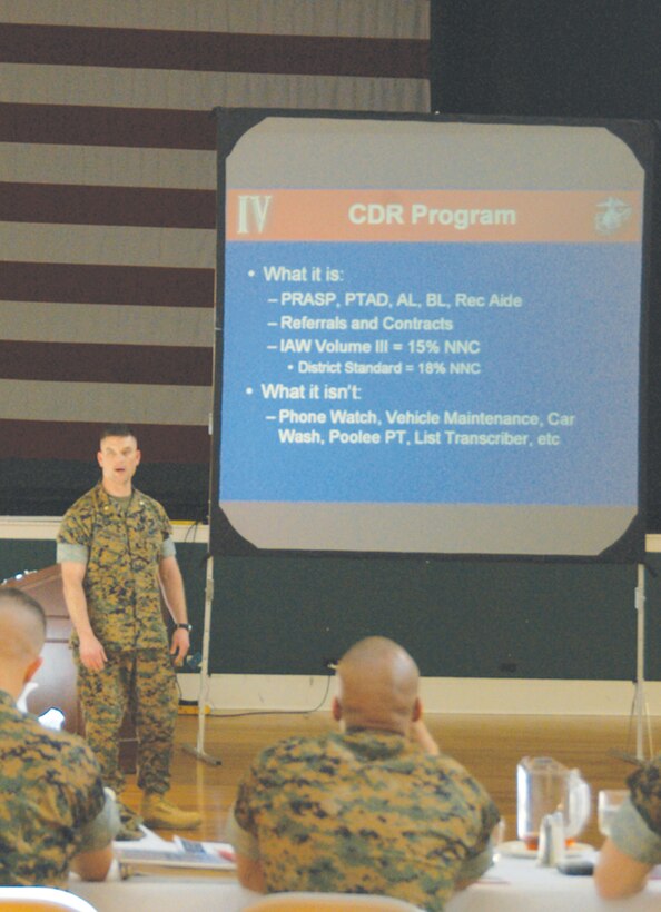 Major Bill Carroll, commanding officer, Recruiting Station Louisville, Ky., gives a brief to other Eastern Recruiting Region personnel during the ERR Commanders' Conference at the Depot Lyceum April 3. The annual conference is held as a way to provide a forum for recruiting station commanding officers to discuss recruiting issues and focuses on the recruiting station commanding officers' discourse on effective techniques, tactics and procedures.