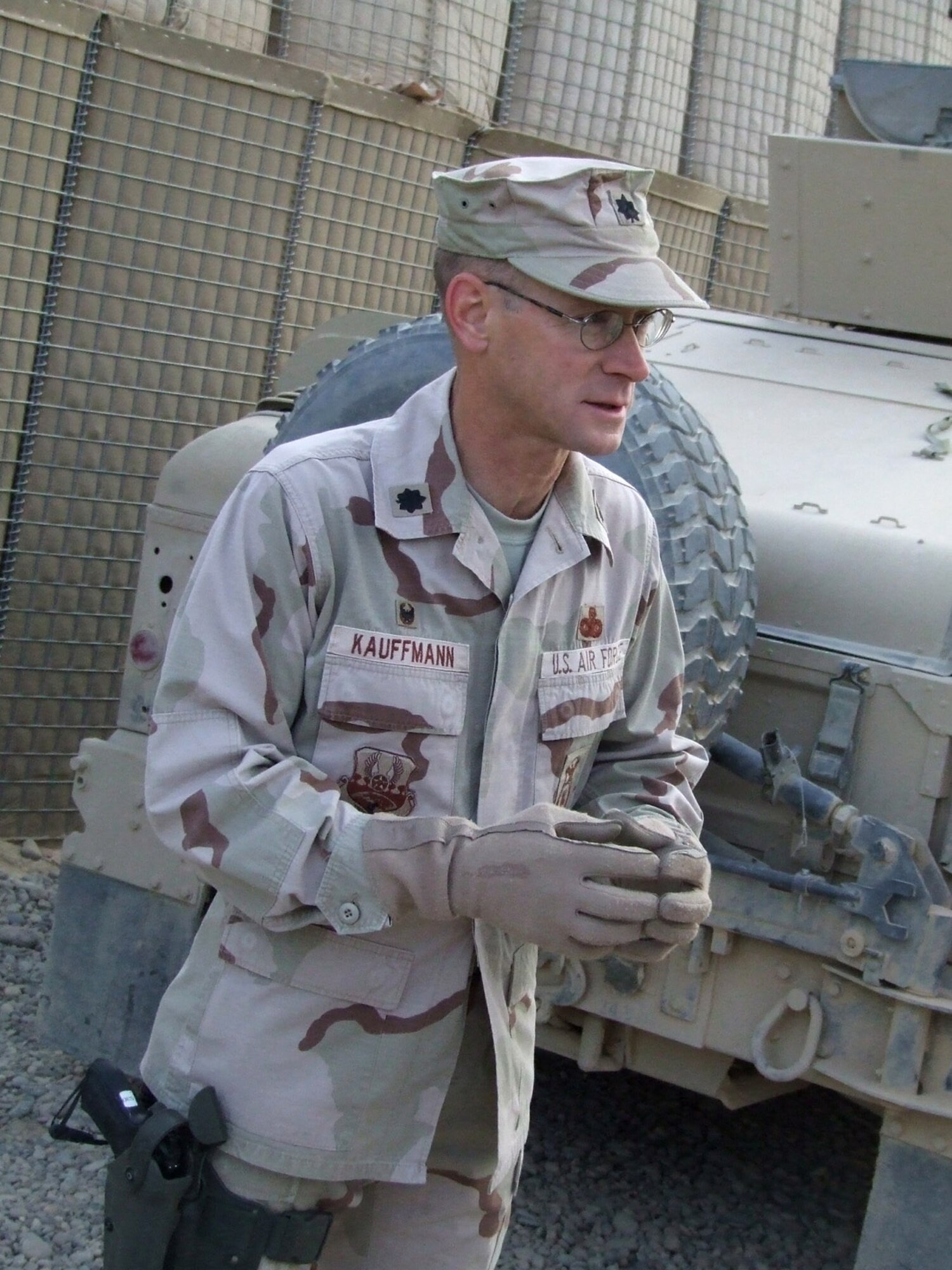 Lt. Col. Steve Kauffmann prepares to depart on a convoy from Contingency Operating Base Speicher, Iraq. Deployed from the Pentagon, Colonel Kauffmann is the commander of the 732nd Expeditionary Security Forces Squadron's Detachment 6 at COB Speicher. Detachment Airmen send convoys out daily to assess the capability of Iraqi police stations in the Salah ad Din province. (U.S. Air Force photo/Maj. Richard C. Sater)