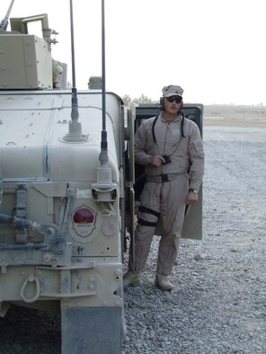 Staff Sgt. Michael Cowan prepares to lead a convoy from Contingency Operating Base Speicher, Iraq. Deployed from the 43rd Security Forces Squadron at Pope Air Force Base, N.C., Sergeant Cowan is assigned to the 732nd Expeditionary Security Forces Squadron's Detachment 6. The detachment sends convoys out daily to assess the capability of Iraqi police stations in the Salah ad Din province. (U.S. Air Force photo/Maj. Richard C. Sater) 
