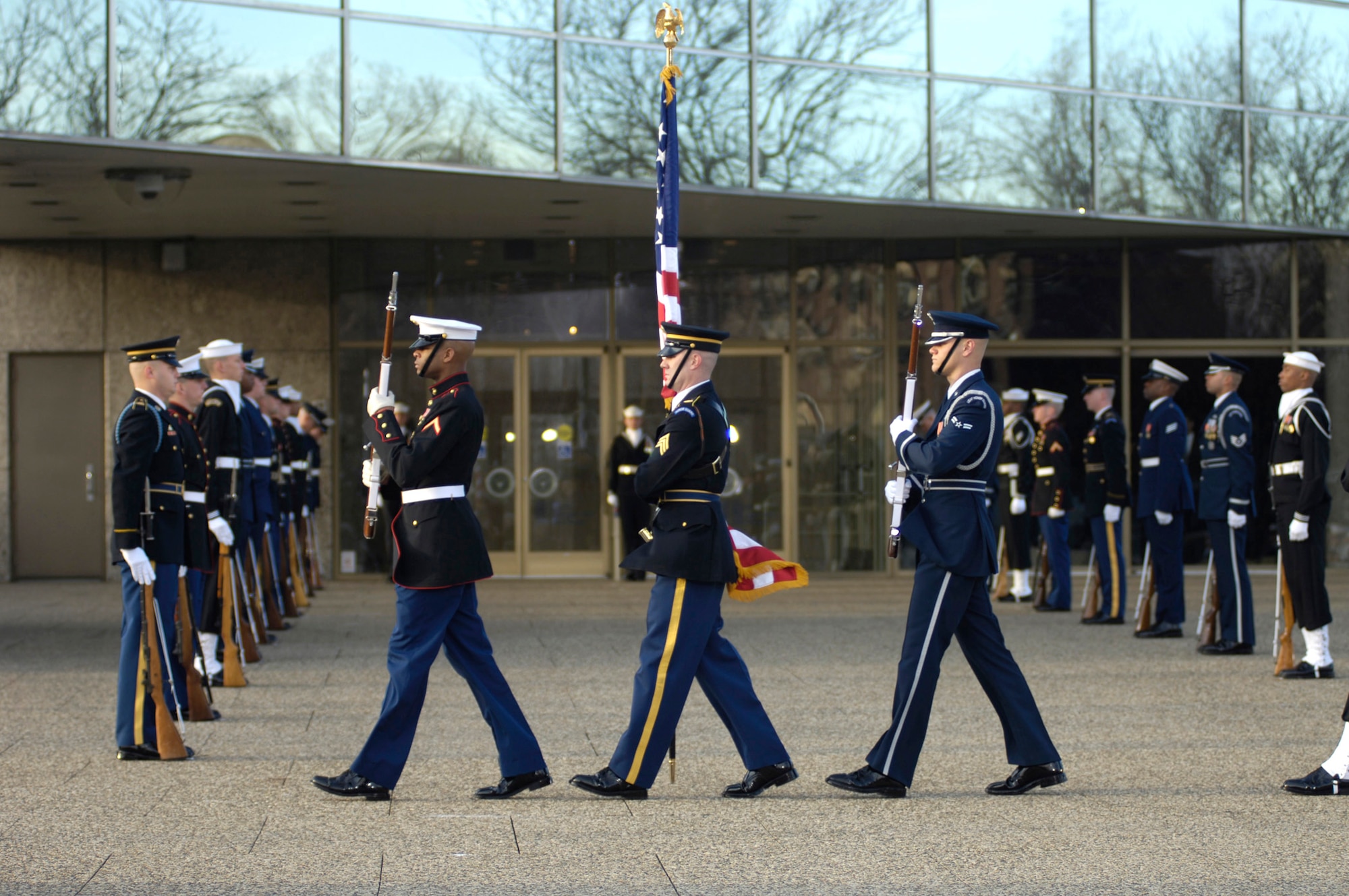 The Armed Forces Honor Guard prepares for the arrival of President Gerald R. Ford's body in front of the the Gerald R. Ford Presidential Library and Museum Jan. 2 in Grand Rapids, Mich. (U.S. Air Force photo/Tech. Sgt. Cecilio M. Ricardo Jr.)