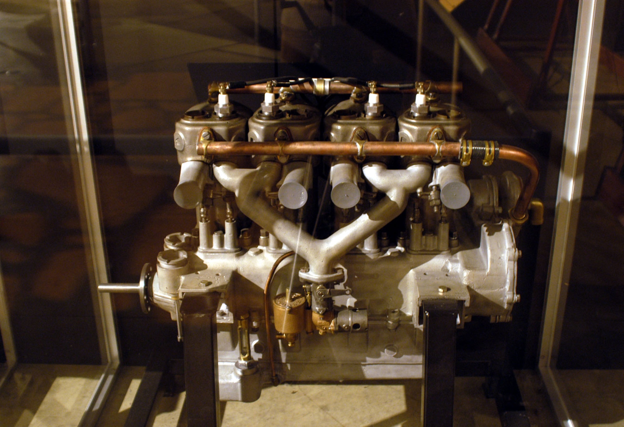 DAYTON, Ohio -- Kirkham 4-cylinder engine on display in the Early Years Gallery at the National Museum of the United States Air Force. (U.S. Air Force photo)
