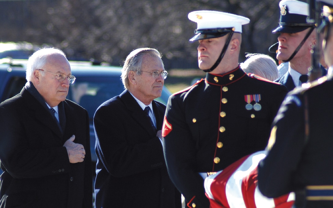 ANDREWS AIR FORCE BASE, Md. --The casket of President Gerald R. Ford passes in front of Vice President Richard B. Cheney and former Secretary of Defense Donald H. Rumsfeld, serving as honorary pallbearers, in a farewell to President Ford, during a military departure ceremony held in his honor Tuesday.
(U.S. Air Force photo by Tech. Sgt. Christopher J. Matthews)(RELEASED)