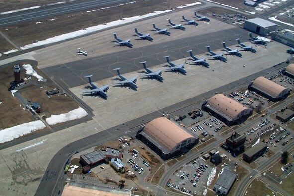 WESTOVER AIR RESERVE BASE, Mass. -- A view of Westover's flightline full of C-5s  from a Mass. State Police helicopter. (U.S. Air Force photo by Master Sgt. W.C. Pope)