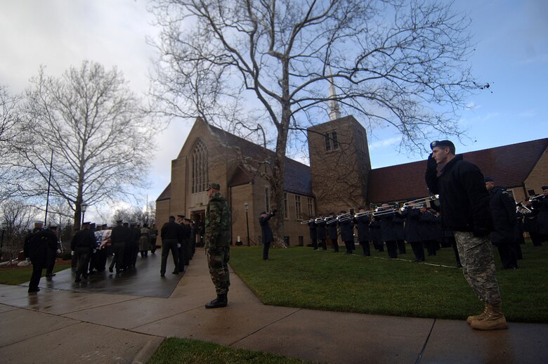 Armed Forces Honor Guard members and Air Force musicians rehearse Jan. 1 for President Gerald R. Ford's funeral service at Grace Episcopal Church in Grand Rapids, Mich. (U.S. Air Force photo/Tech. Sgt. Jeremy T. Lock)






