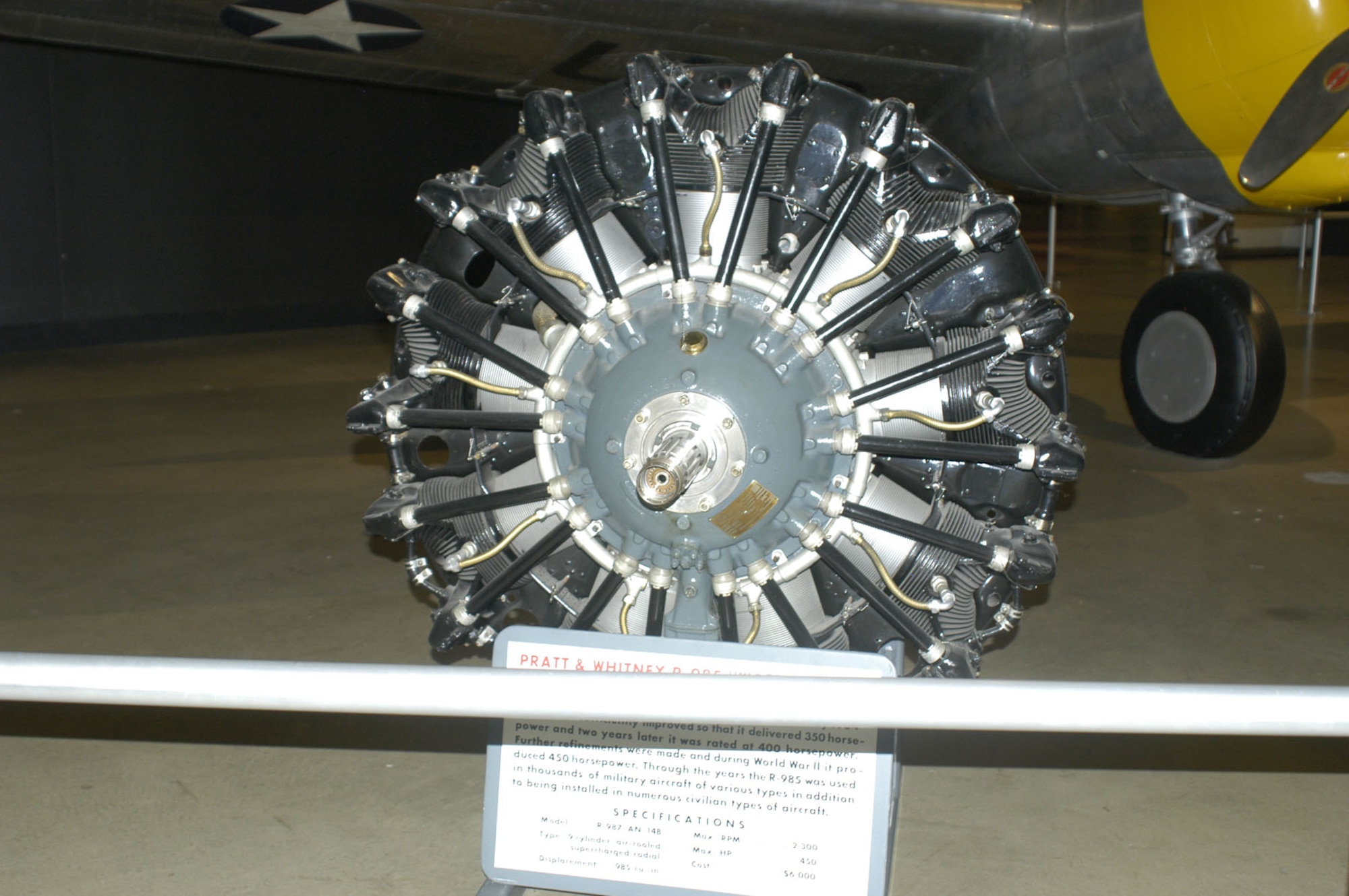 DAYTON, Ohio -- Pratt & Whitney R-985 on display in the World War II Gallery at the National Museum of the United States Air Force. (U.S. Air Force photo)