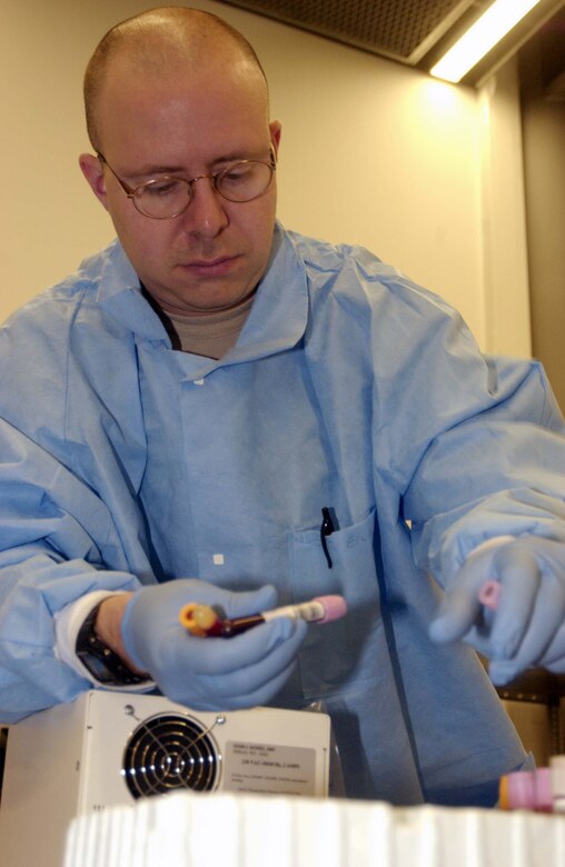 Army Sgt. James Ervin, U.S. Army Europe Blood Donor Center supply NCO, packs tubes of blood for further testing during the 723rd Air Mobility Squadron's blood drive Dec. 13 at the 64th Replacement Battalion in the Ramstein Passenger Terminal. Six tubes of blood are taken from each donor so that nine tests can be done to detect diseases such as the Human Immunodeficiency Virus, hepatitis or West Nile Virus.
