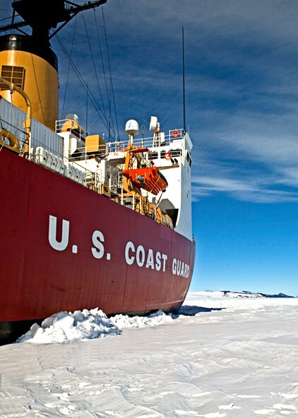 ANTARCTICA - The Coast Guard Cutter Polar Sea pauses from its ice-breaking duties while members of the National Science Foundation are aboard to meet with some of the senior officers.  The Polar Sea is in Antarctica as part of the Air Force-led Joint Task Force Support Forces Antarctica, Operation Deep Freeze 2007, clearing a navigable channel for supply ships to get needed equipment and goods to scientists working in McMurdo. U.S. Coast Guard photo by Petty Officer 3rd Class Kevin Neff.