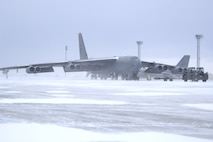 MINOT AIR FORCE BASE, N.D. -- A B-52H Stratofortress waits on the flight line before a preflight inspection Jan. 8. The base experienced low visibility, freezing temperatures and gusts of wind up to 50 knots.  (U.S. Air Force photo by A1C Christopher Boitz)