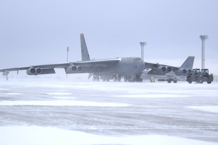 MINOT AIR FORCE BASE, N.D. -- A B-52H Stratofortress waits on the flight line before a preflight inspection Jan. 8. The base experienced low visibility, freezing temperatures and gusts of wind up to 50 knots.  (U.S. Air Force photo by A1C Christopher Boitz)