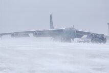 MINOT AIR FORCE BASE, N.D. -- A B-52H Stratofortress waits on the flight line before a preflight inspection Jan. 8. The base experienced low visibility, freezing temperatures and gusts of wind up to 50 knots.  (U.S. Air Force photo by A1C Christopher Boitz)