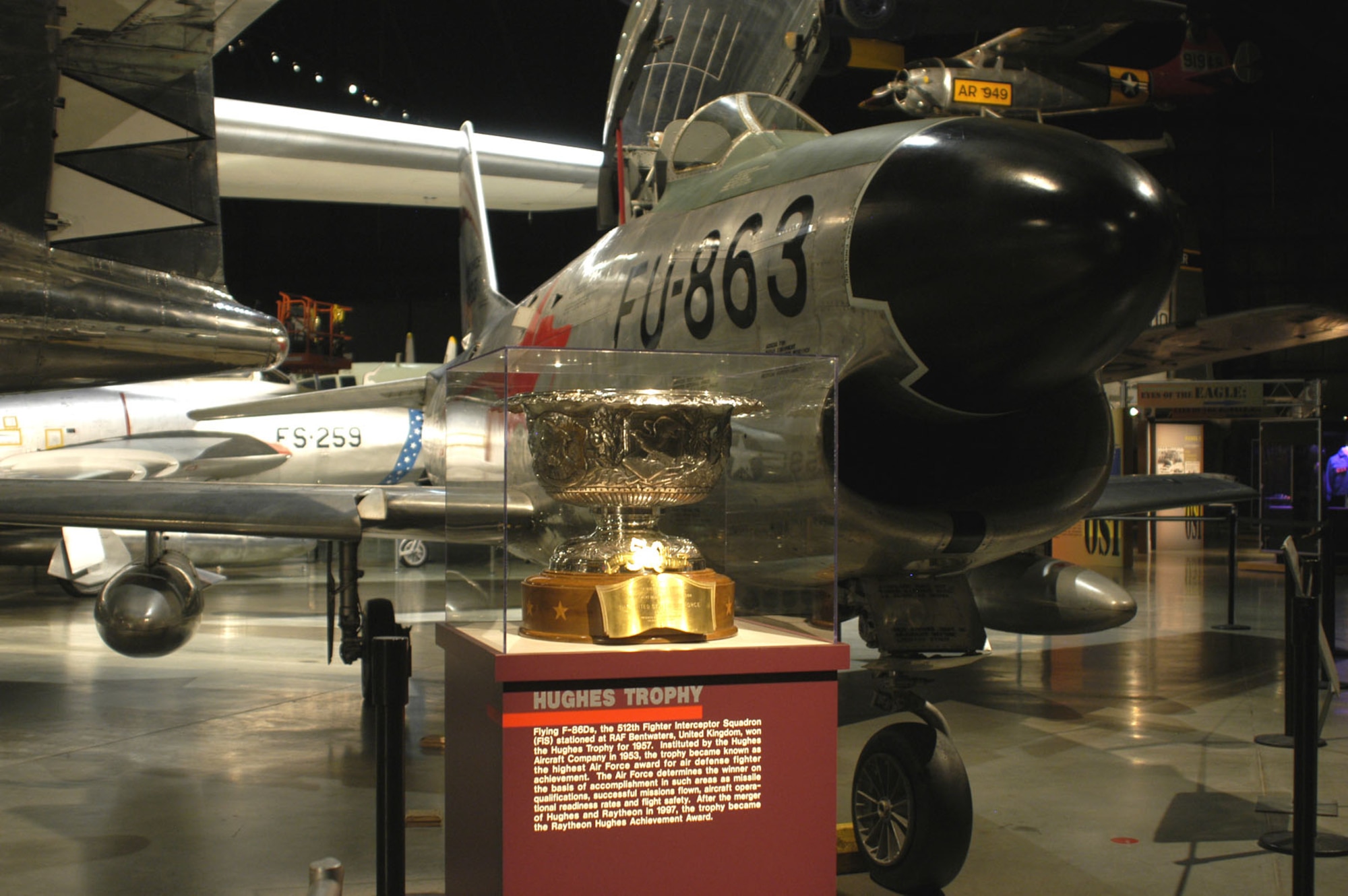 DAYTON, Ohio -- 1957 Hughes Trophy on display near the F-86D in the Cold War Gallery at the National Museum of the United States Air Force. (U.S. Air Force photo)